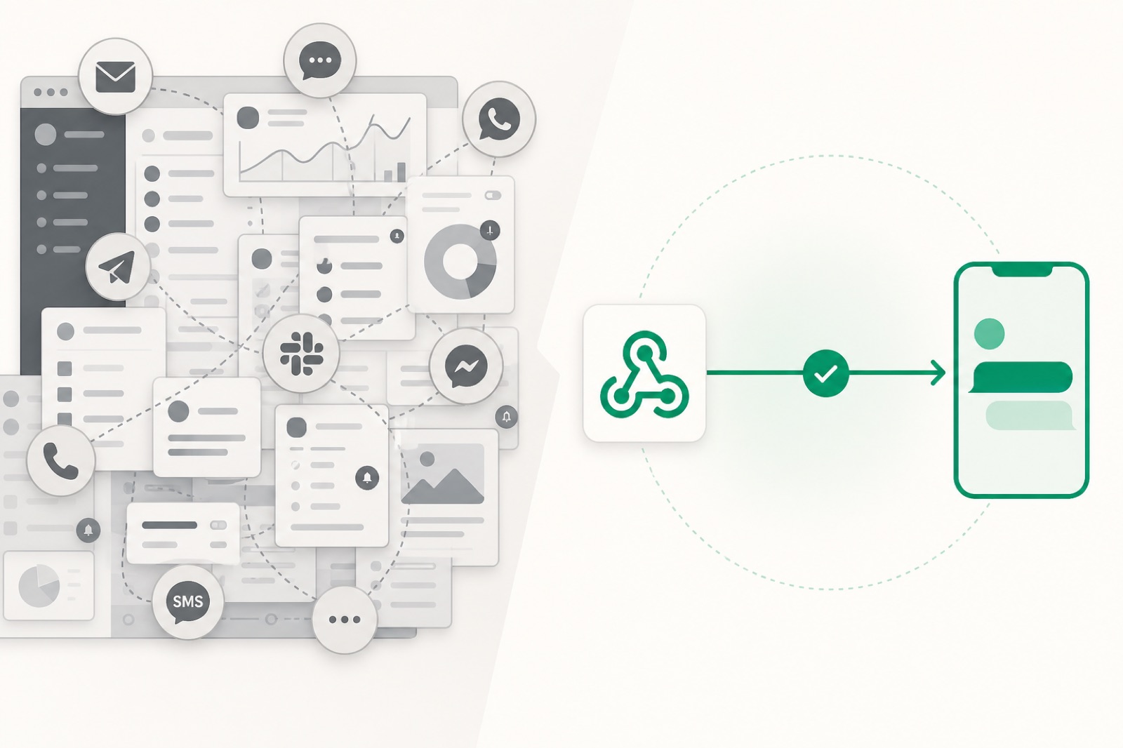 Split illustration: a crowded multi-channel messaging dashboard on the left, a single webhook-to-phone path on the right.